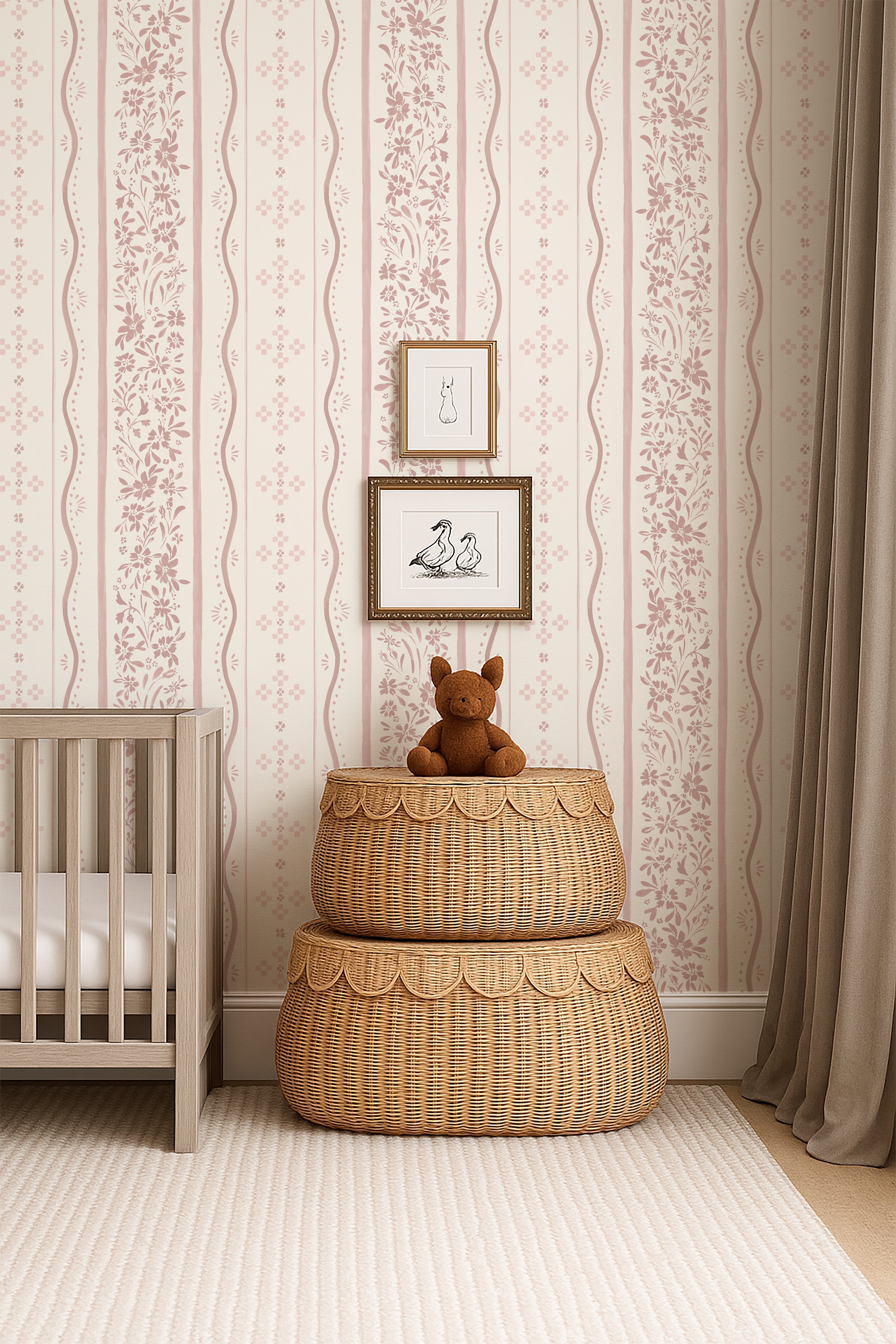 Blue White and Green Striped Traditional Wallpaper
