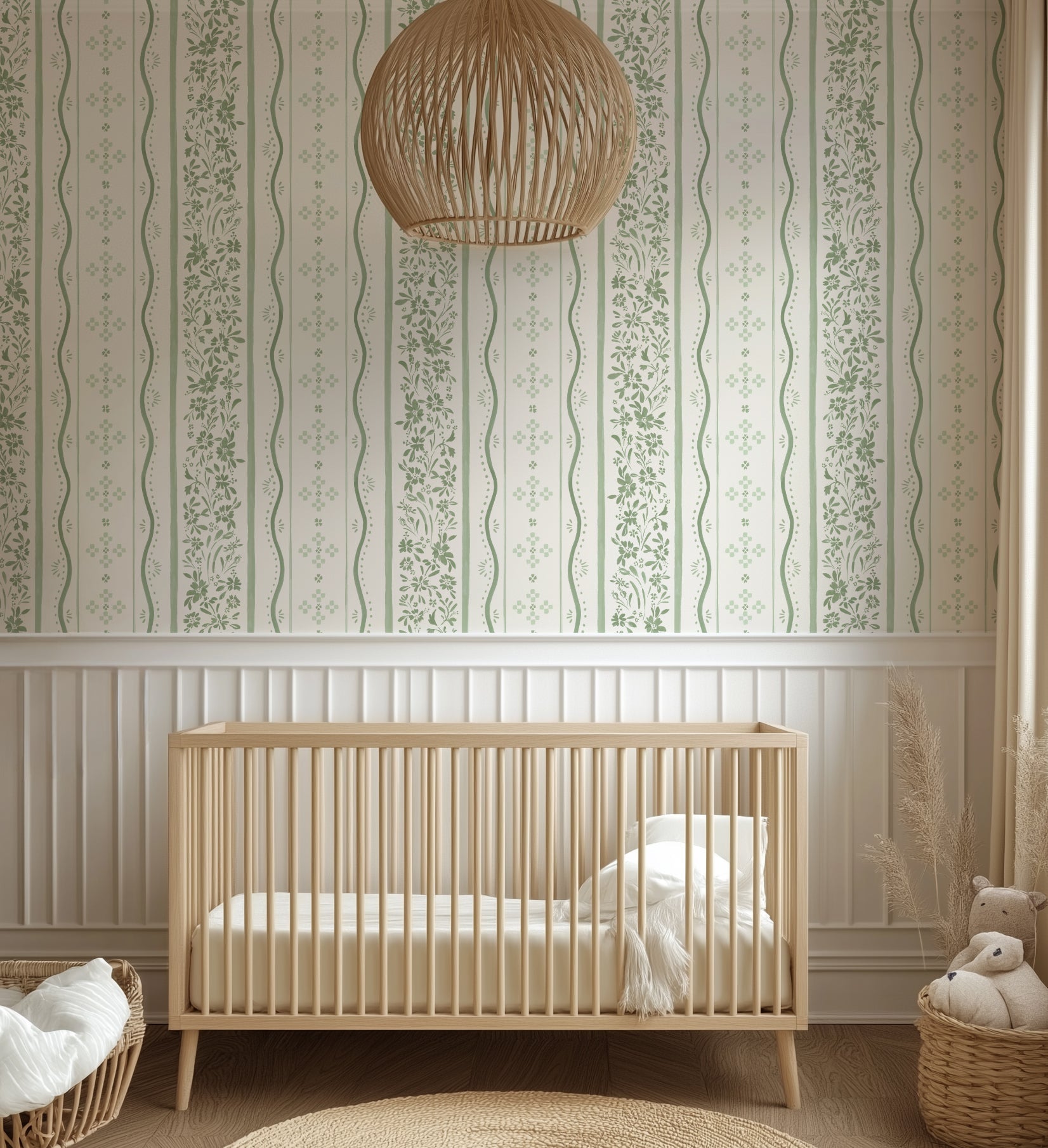 Blue White and Green Striped Traditional Wallpaper