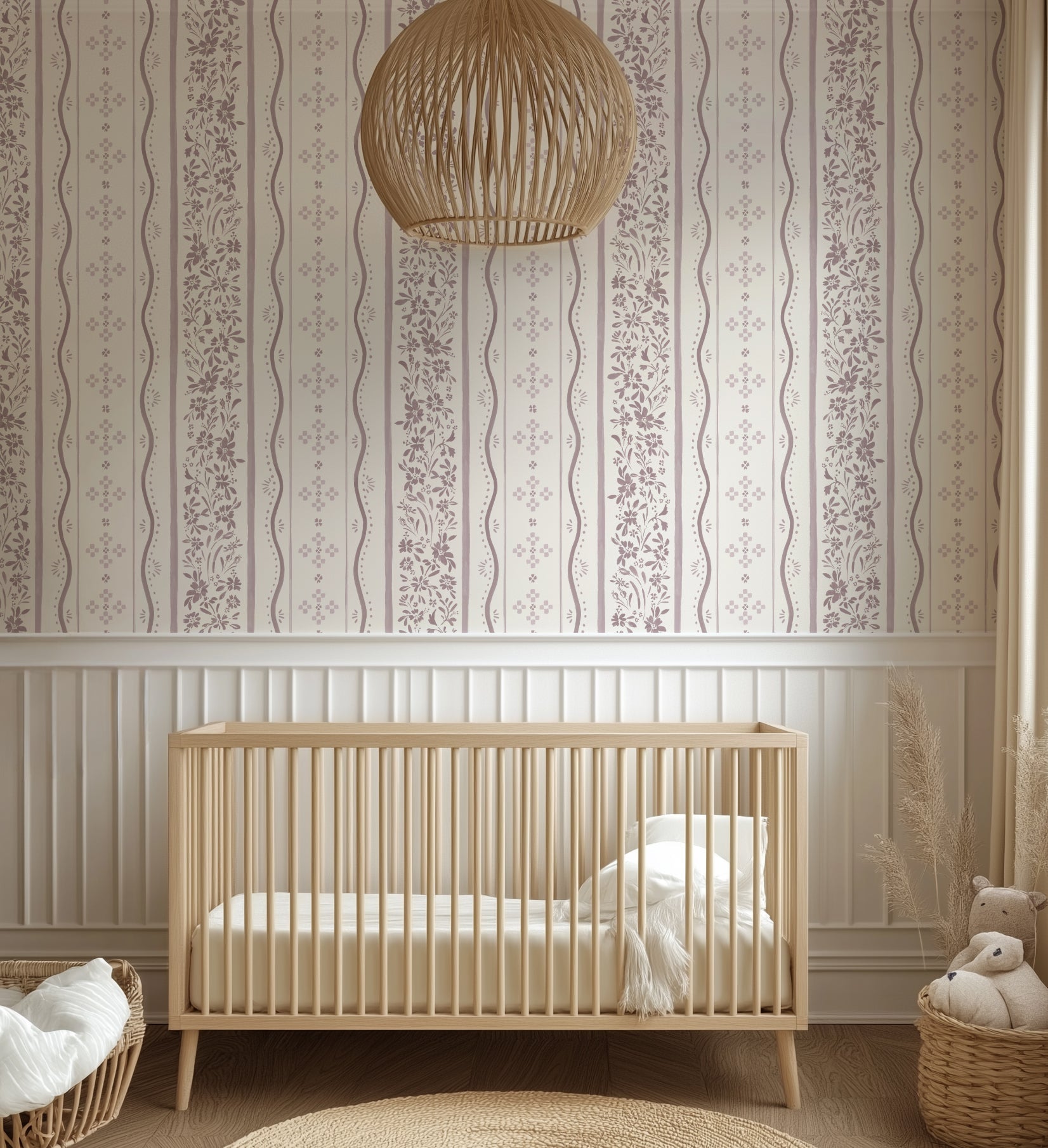 Blue White and Green Striped Traditional Wallpaper