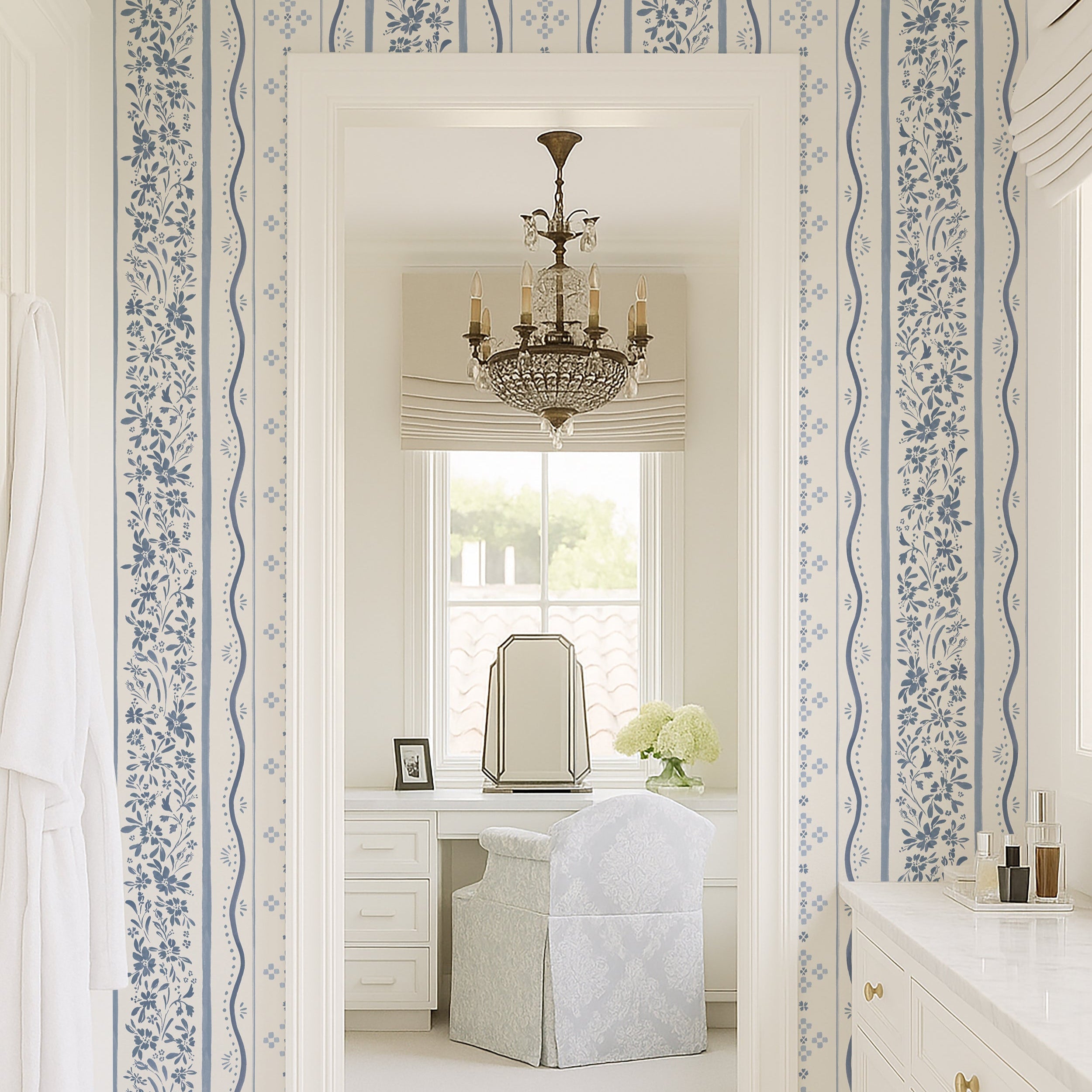 Classic blue, white, and green striped wallpaper pattern