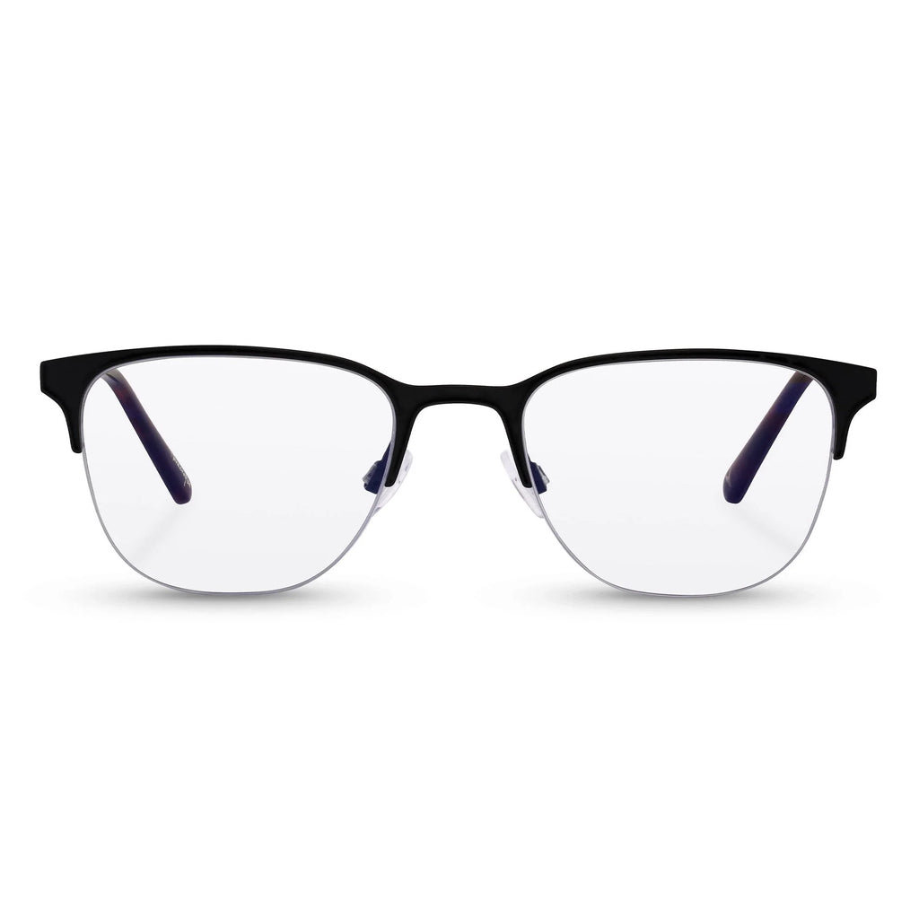 Hewitt blue light blocking glasses featuring a sleek matte black frame