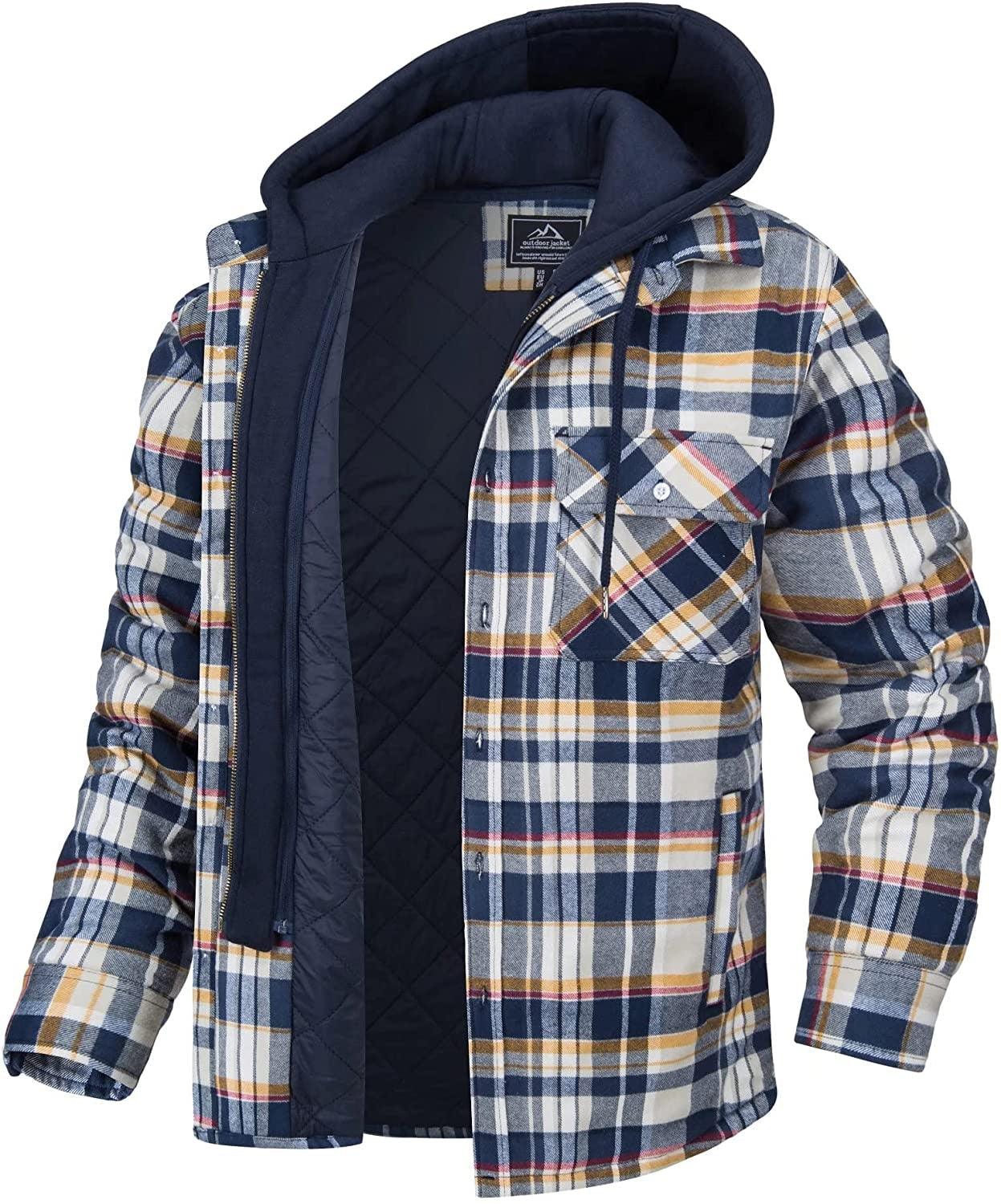 Men's Plaid Flannel Hooded Jacket Thick Warm Winter Shirt Coat