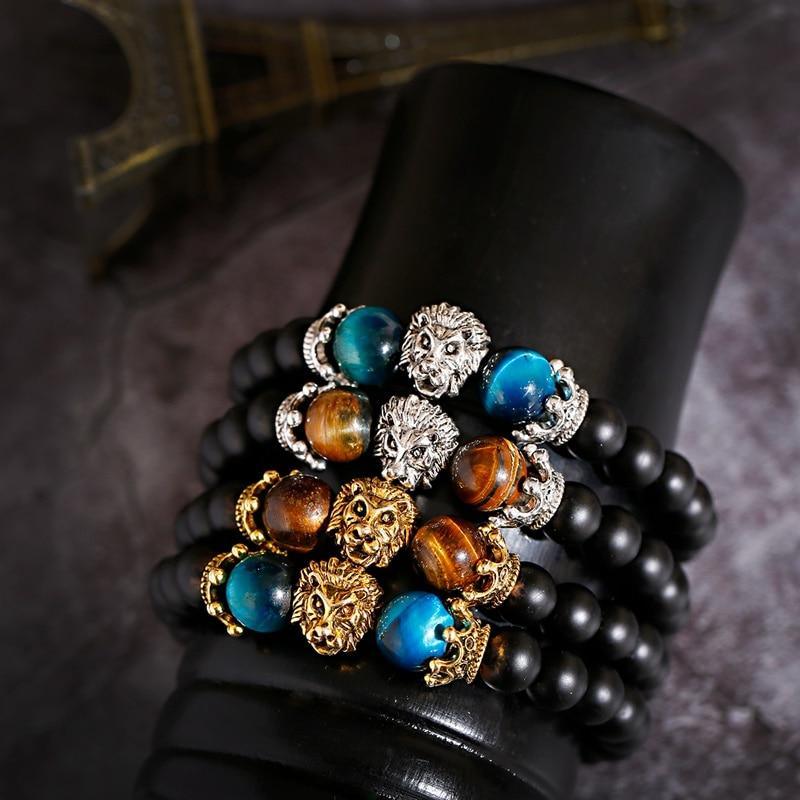 Luxury Crown Lion Beaded Bracelet with Tiger Eye & Onyx Stones