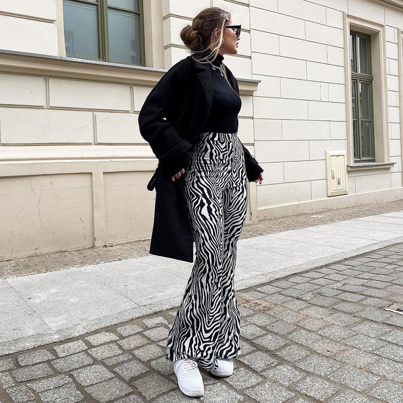 Women's Zebra Print High Waist Wide Leg Pants Casual Trousers - Image 29