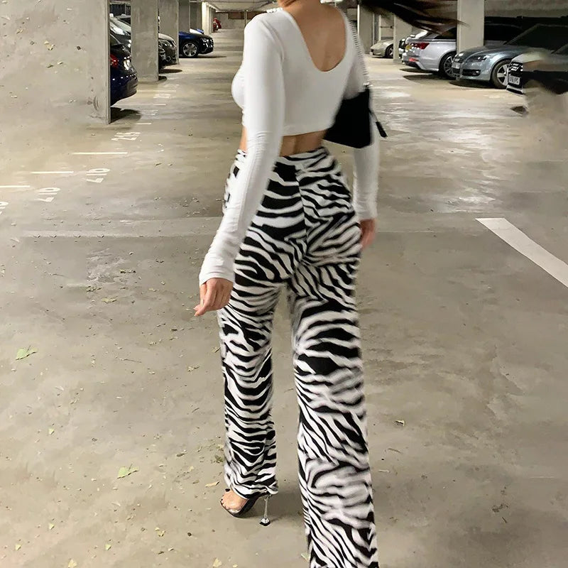 Women's Zebra Print High Waist Wide Leg Pants Casual Trousers - Image 17
