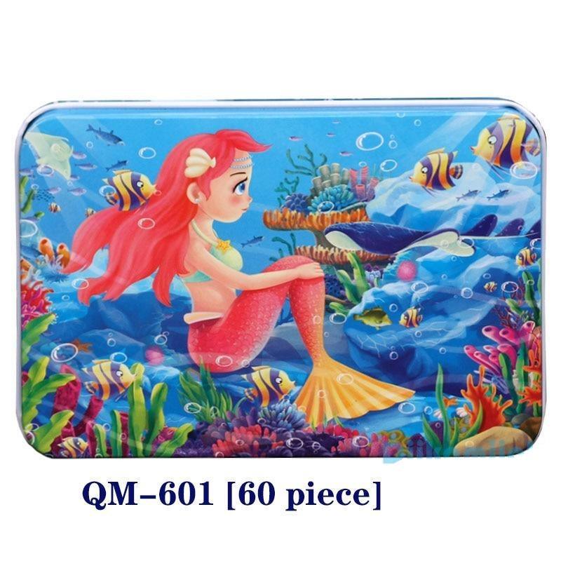60-Piece Wooden Cartoon Animal Puzzle in Keepsake Iron Box
