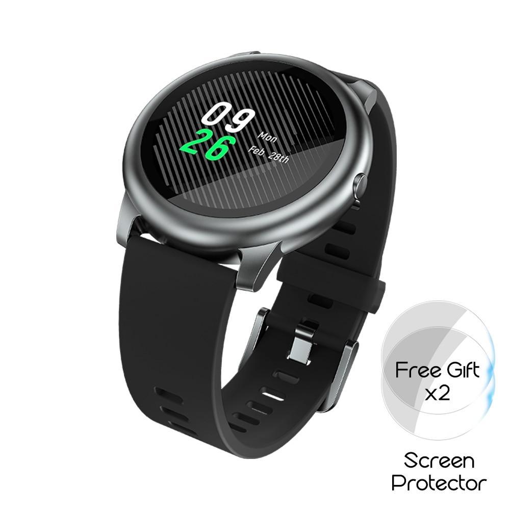 STEVVEX Solar Smart Watch with metallic silver bezel and black band, displaying fitness data on the screen.