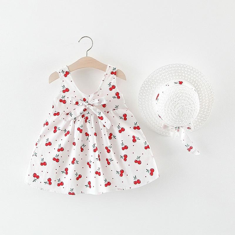 Summer Floral Sleeveless Princess Dress with Hat for Baby Girls