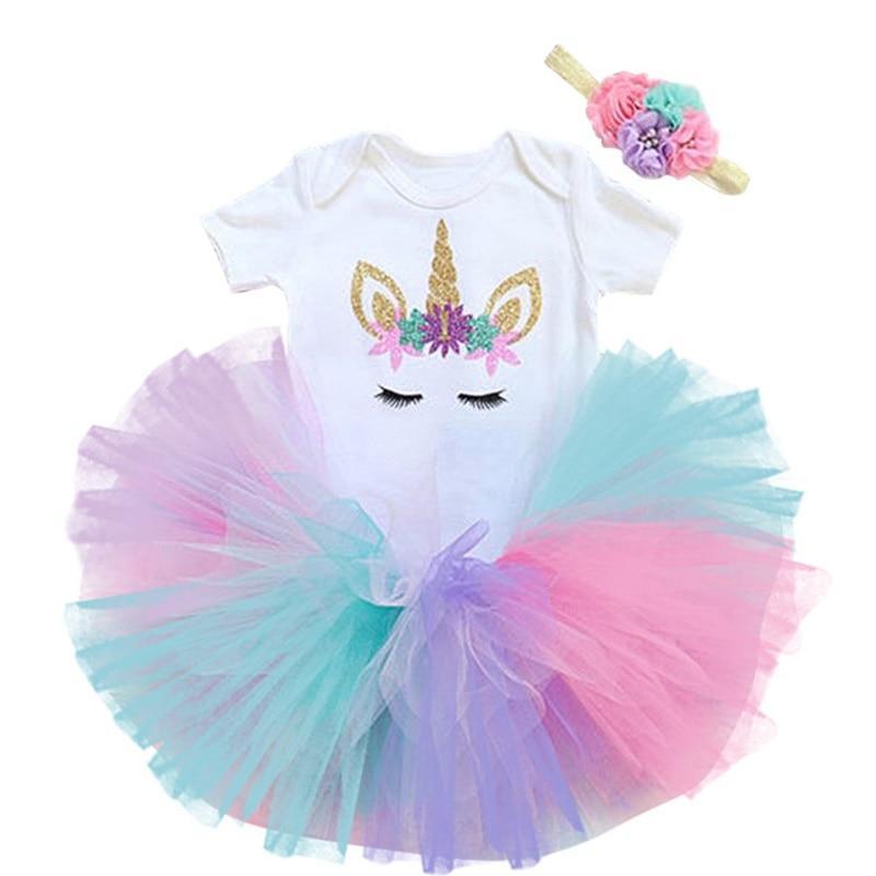 Toddler Girls Unicorn Party Tutu Dress in White and Pastel Multi