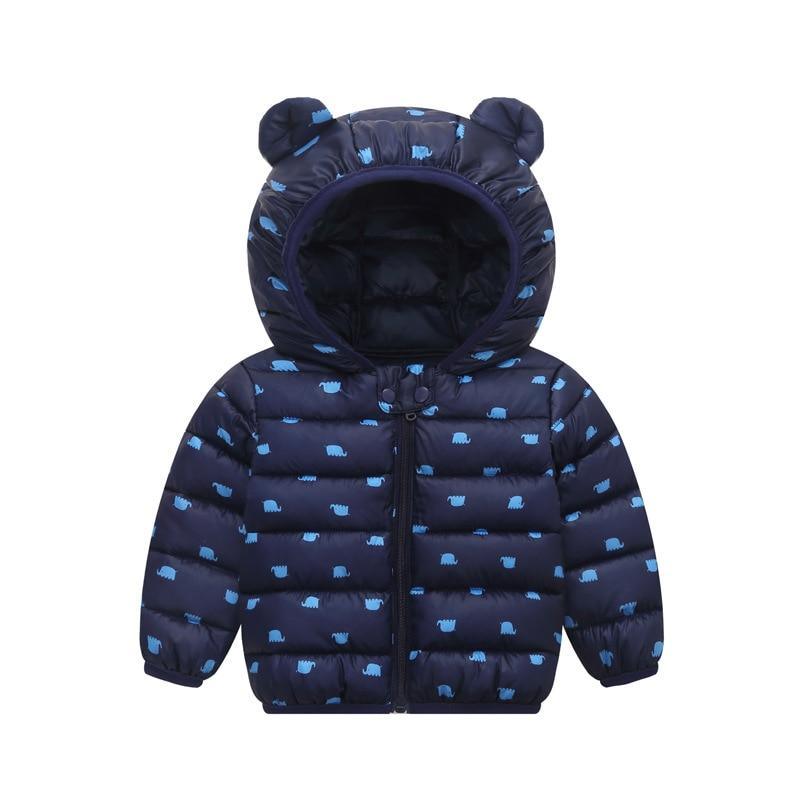 Warm hooded winter jacket for kids with animal print design in navy, pink, orange, and green