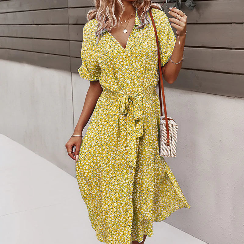 Women's Floral Midi Dress with V Neck and Tie Waist - Image 10