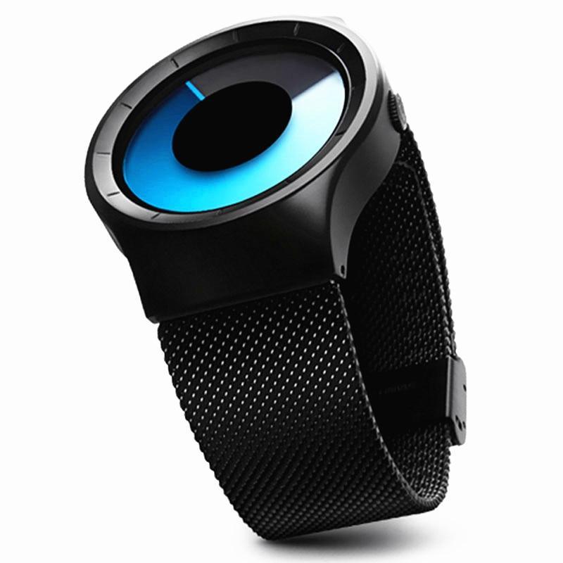 Unisex stainless steel mesh band watch with a minimalist silver-tone dial