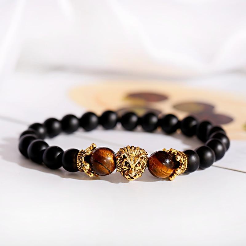 Luxury Crown Lion Beaded Bracelet with Tiger Eye & Onyx Stones