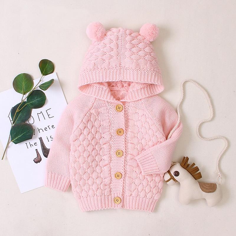 Infant Striped Knit Cardigan Coat with Bear Ear Hood