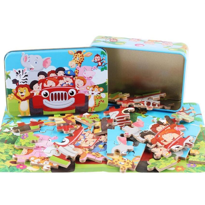 60-Piece Wooden Cartoon Animal Puzzle in Keepsake Iron Box