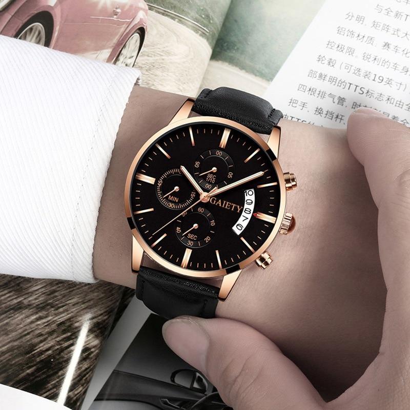 Men's minimalist quartz wristwatch with a premium black leather band and slim case design.