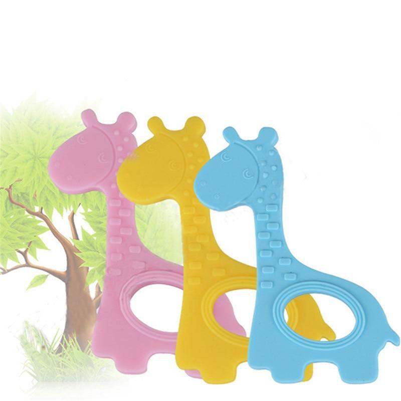 Cute giraffe-shaped silicone teether available in pink, yellow, and blue