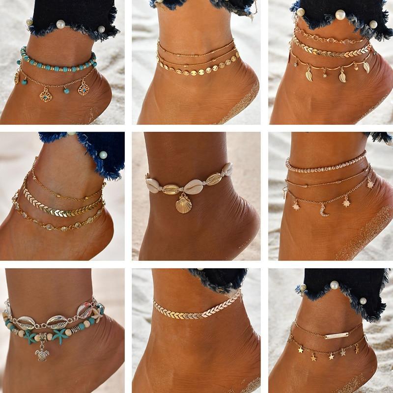 Double layer gold-tone anklet with shell and coconut tree charms