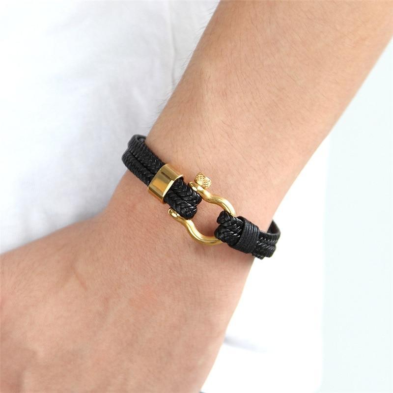 Stainless Steel Anchor Leather Bracelet for Men