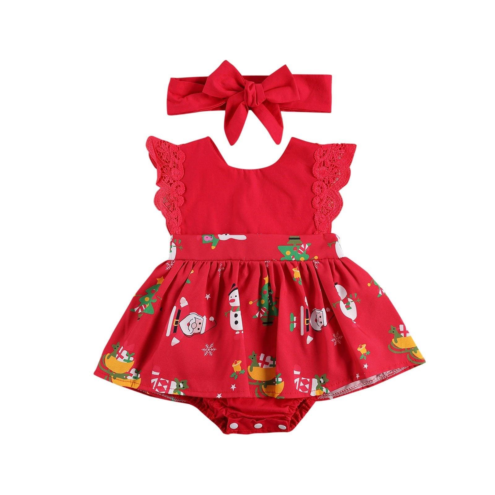 Baby girl red and white lace ruffle bodysuit dress with matching headband