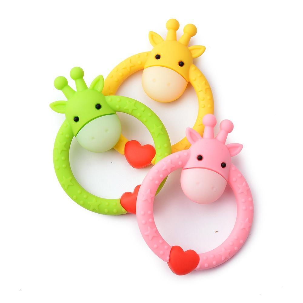 Cute animal-shaped silicone teether for infants in multiple colors including yellow, green, pink, and red