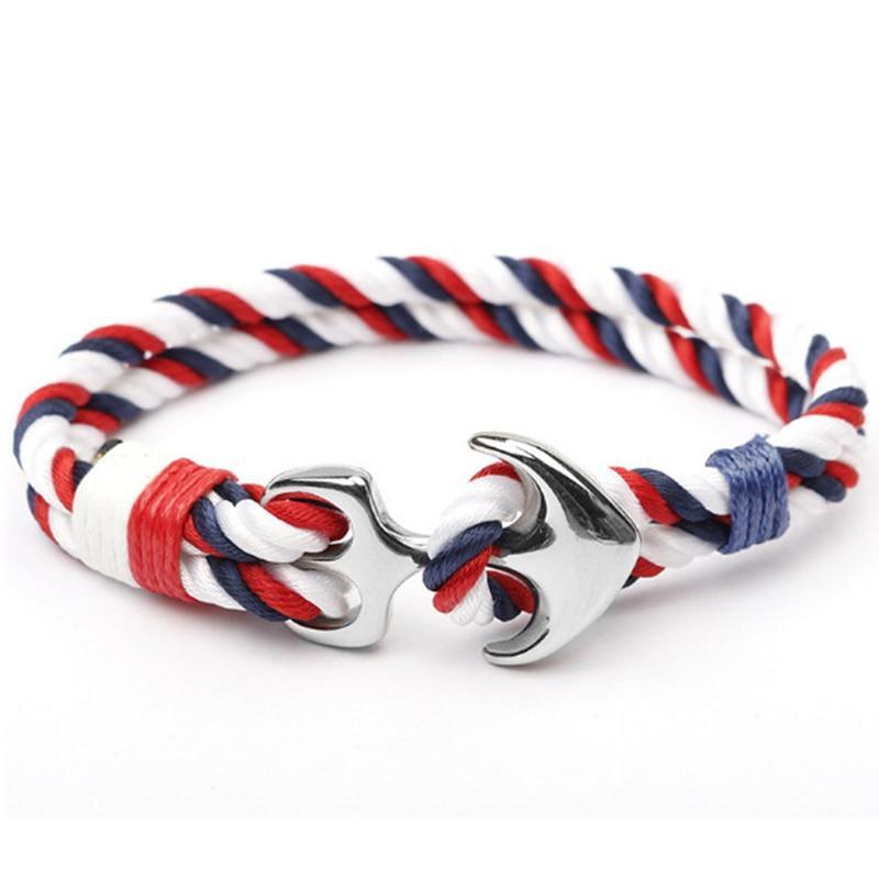 Unisex Nautical Anchor Rope Bracelet in Blue Red White Silver