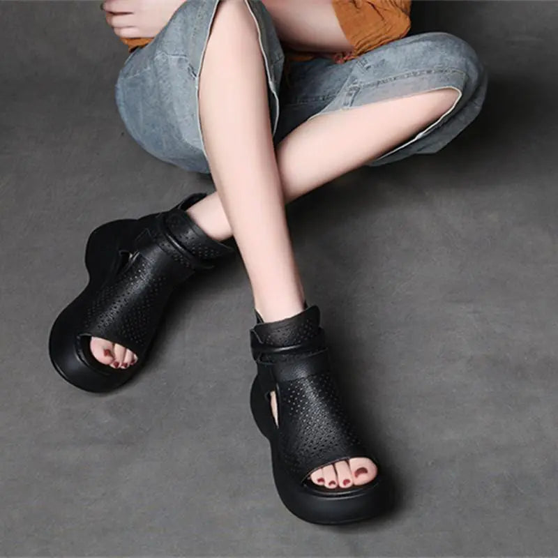 Women's High-Top Perforated Platform Sandals Retro Roman Style - Image 13