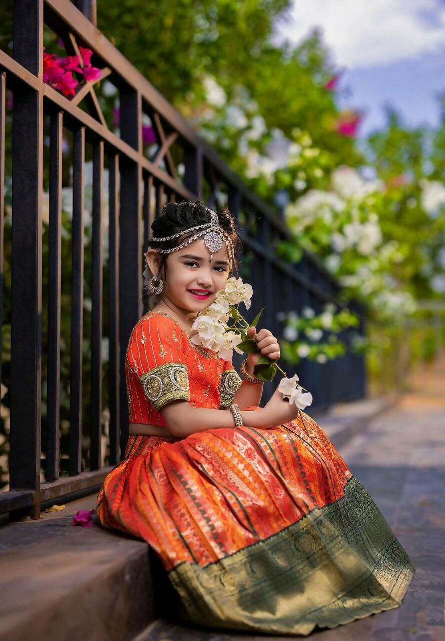 Orange Pure Kota Silk Print Zari Woven Kids Lehenga Set
