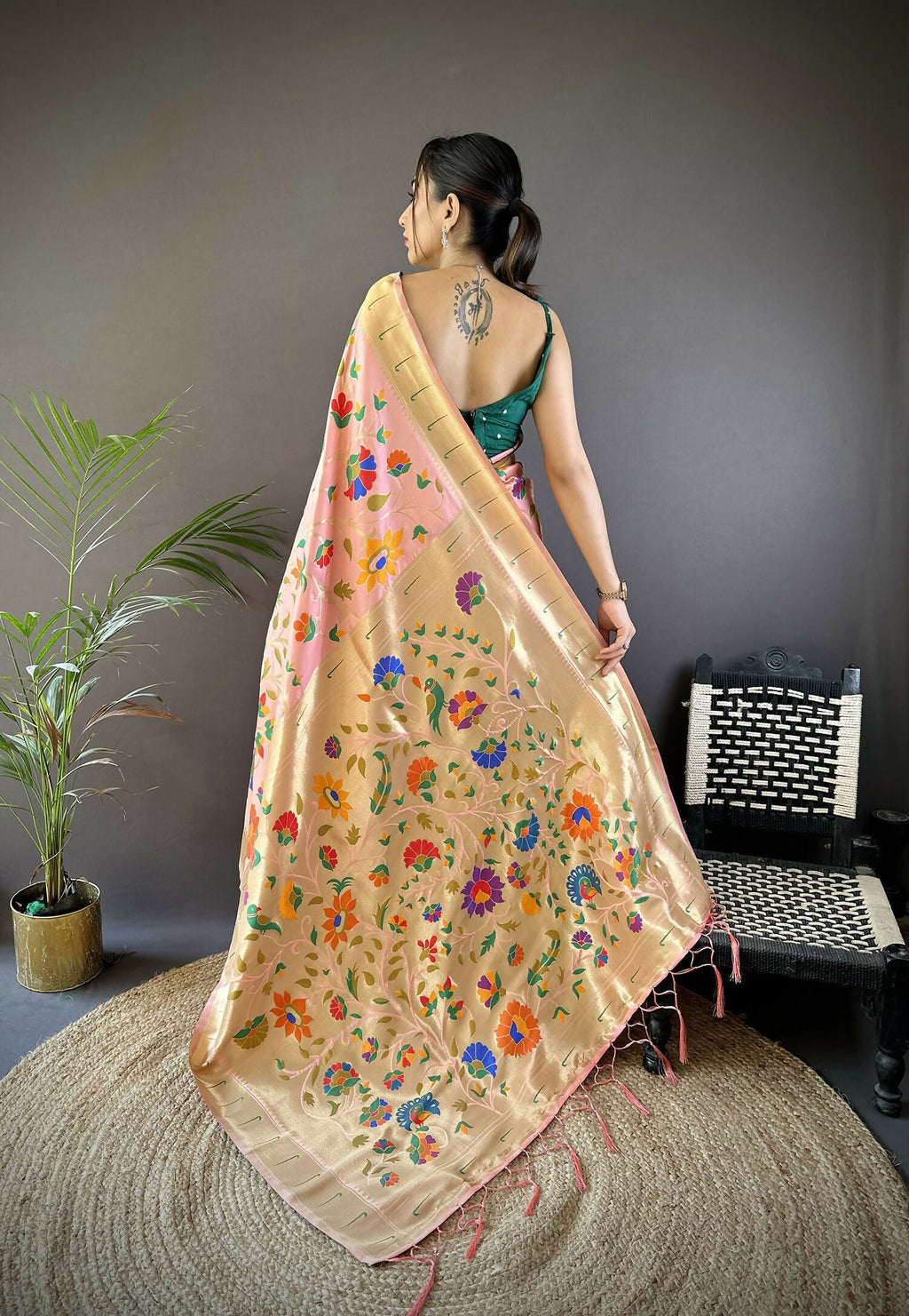 Peach Zari Woven Floral Motifs Soft Silk Paithani Saree