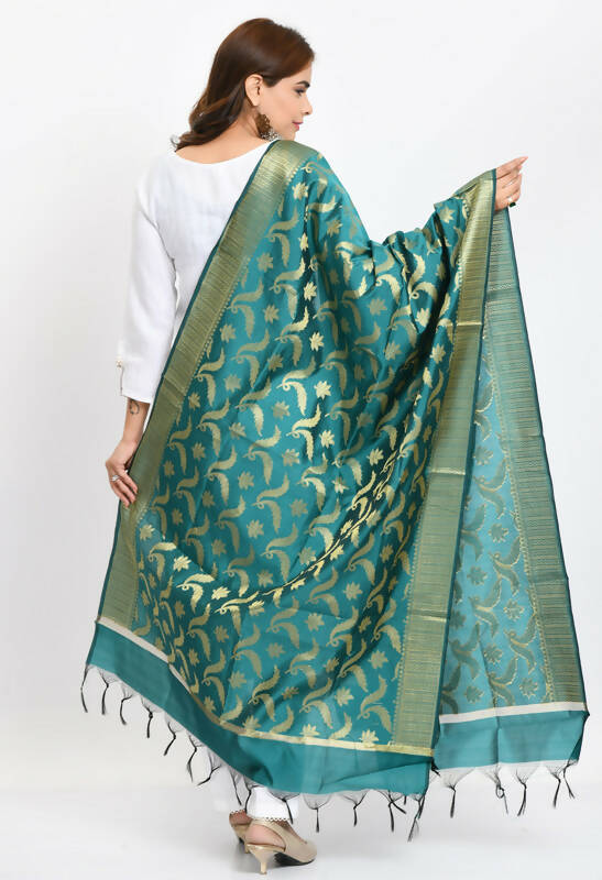 Rama Green Banarasi Silk Dupatta with Floral Woven Gold Design