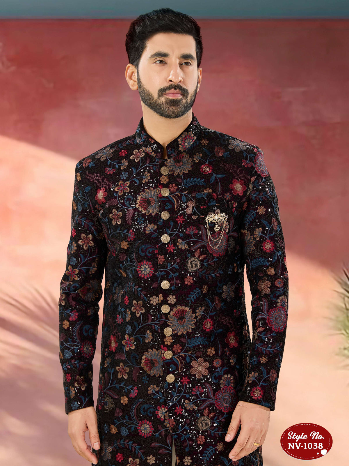 Men's Wine Multi-Colour Velvet Indo-Western Kurta Set with Embroidery
