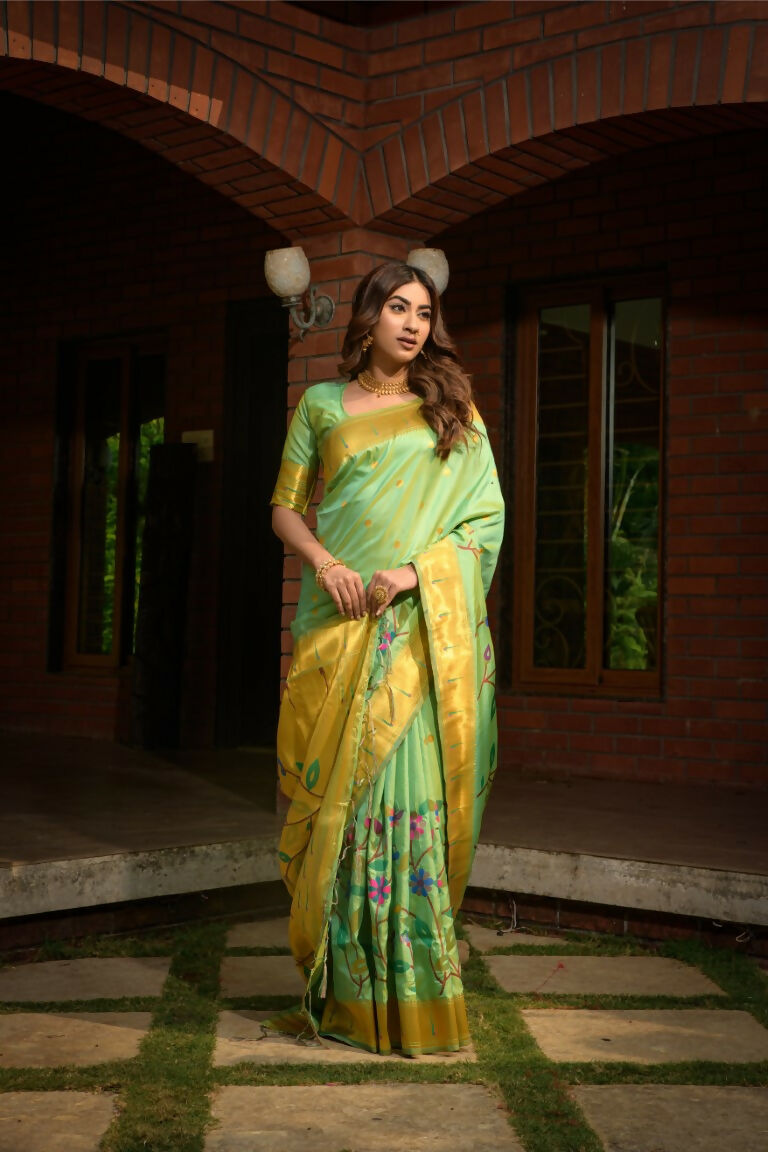 Sea Green Paithani Silk Saree with Zari Woven Pattern and Blouse