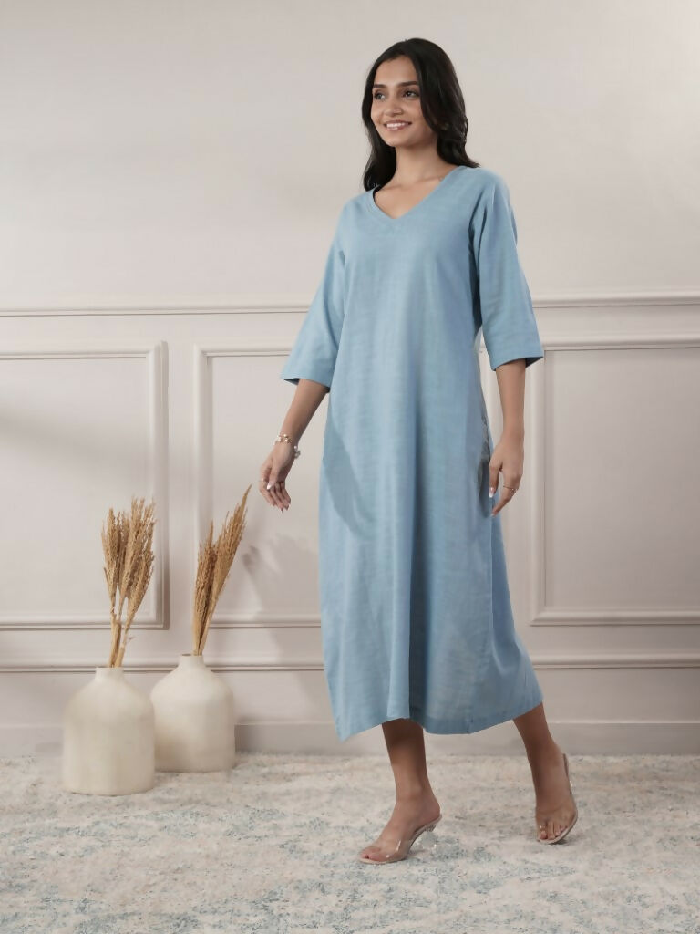 Women's Smoke Blue V-Neck Dress with Cap Sleeves
