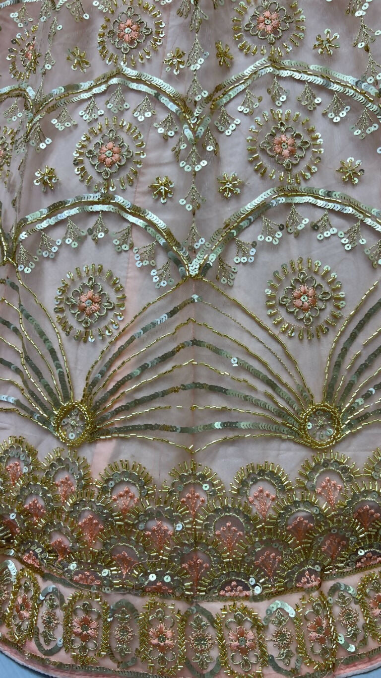 Peach Bridal Net Lehenga with Sequins, Threadwork & Handwork