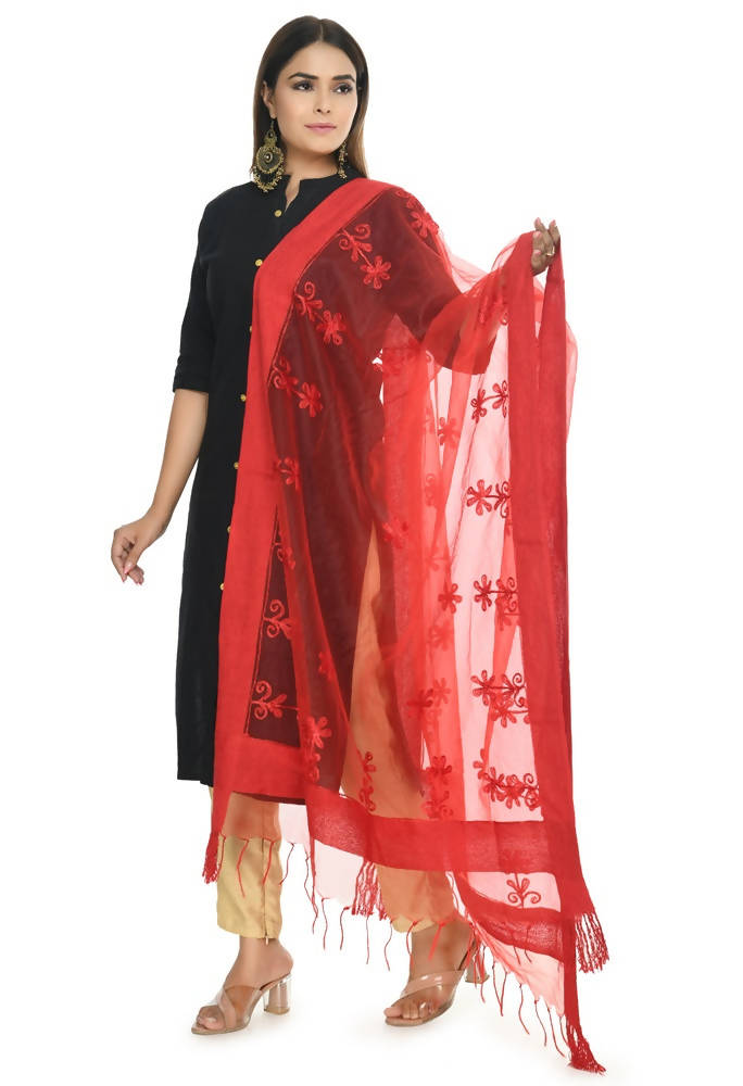 Red Orgenza Chikan Work Dupatta for Festive Occasions