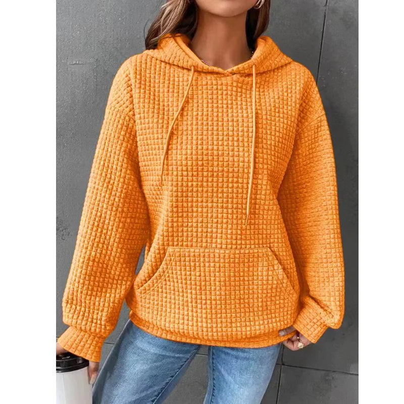 Women's Loose Casual Long Sleeve Waffle Knit Hooded Sweatshirt