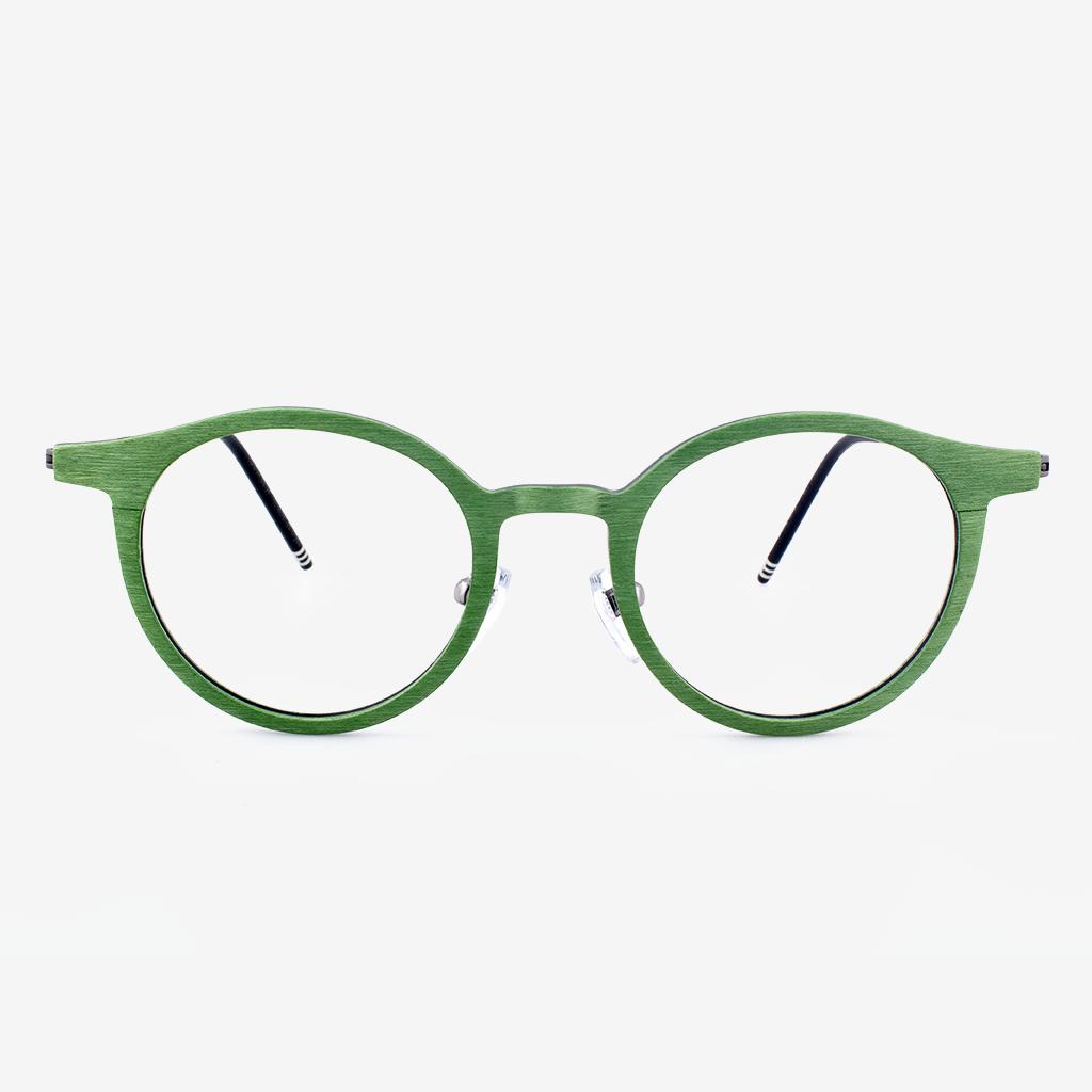 Highland rounded eyeglasses in titanium and wood with gold, green, brown, and grey color details