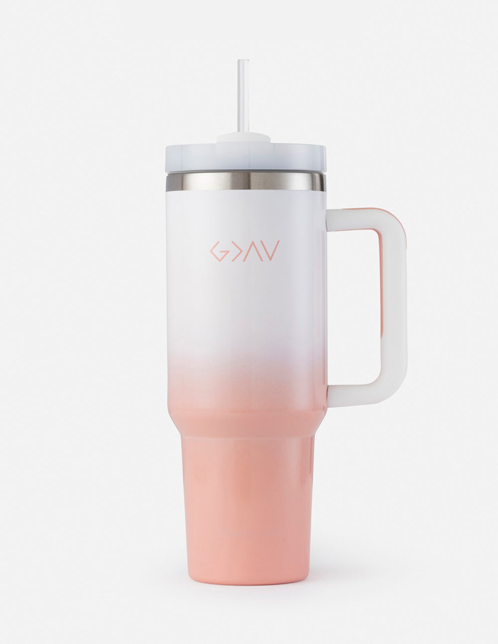White and peach ombre 40 oz stainless steel tumbler with G > ^ V inscription, handle, and straw.