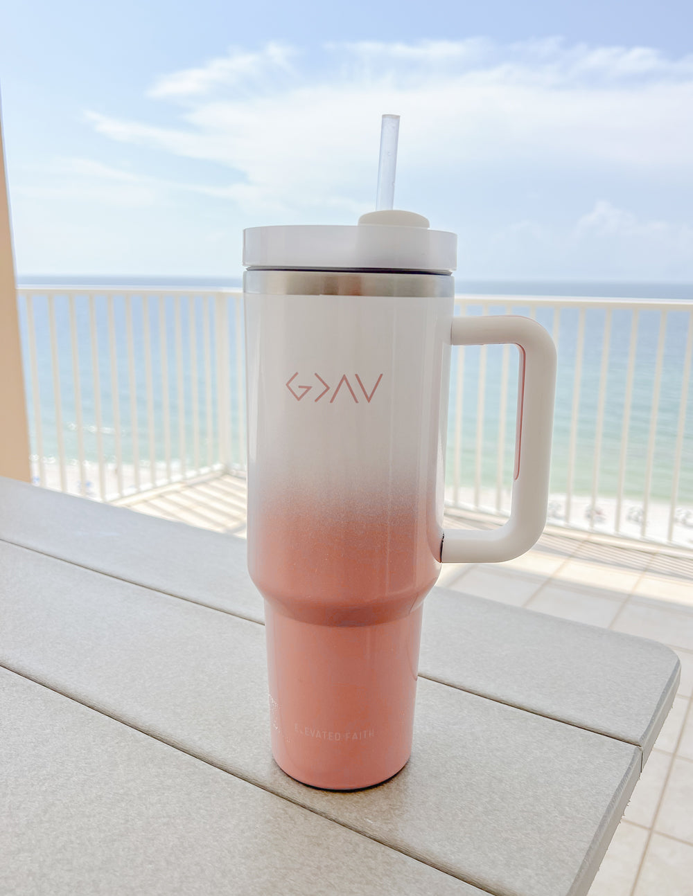 White Peach Ombre 40 oz Stainless Steel Tumbler with Handle - Image 2