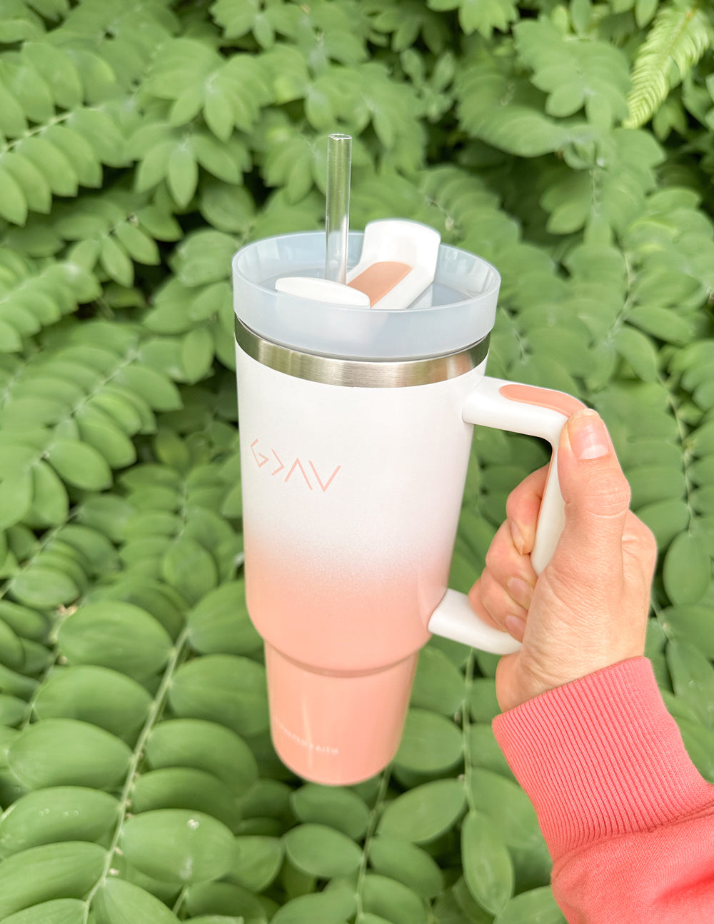 White Peach Ombre 40 oz Stainless Steel Tumbler with Handle - Image 3