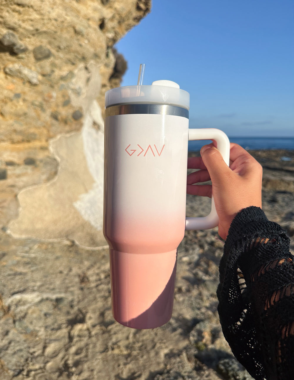 White Peach Ombre 40 oz Stainless Steel Tumbler with Handle - Image 7
