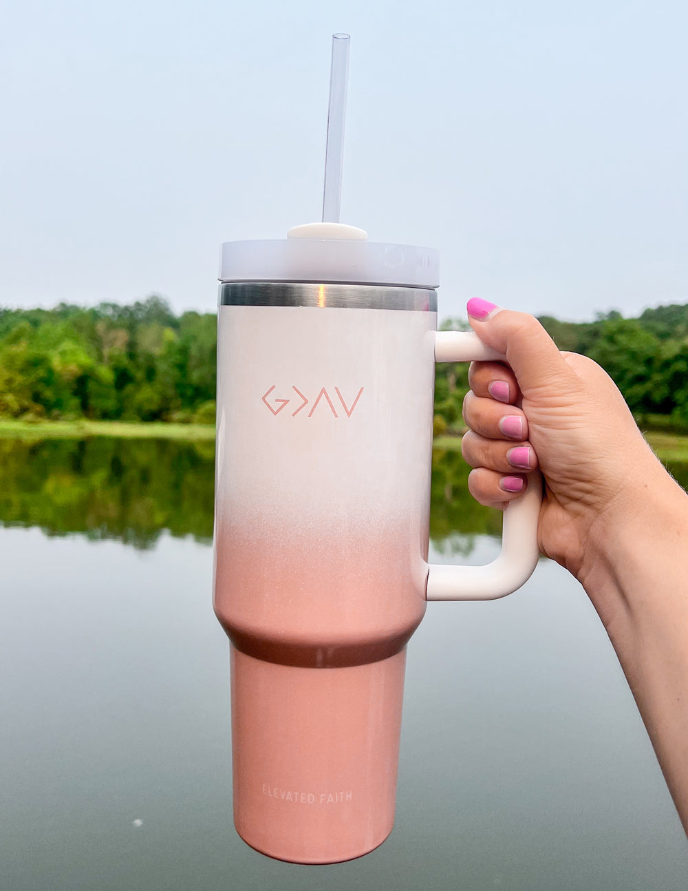 White Peach Ombre 40 oz Stainless Steel Tumbler with Handle - Image 4