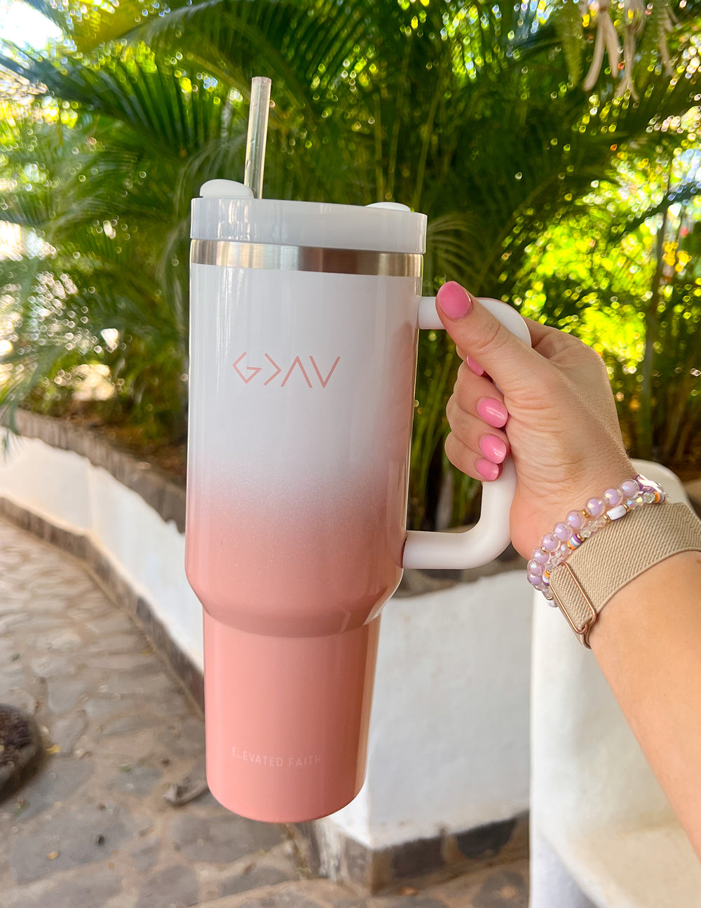 White Peach Ombre 40 oz Stainless Steel Tumbler with Handle - Image 6