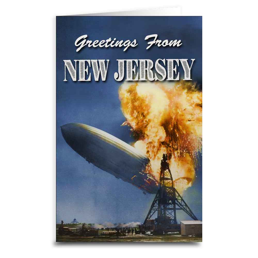 Greetings from New Jersey greeting card depicting the LZ 129 Hindenburg airship at Lakehurst Naval Air Station.