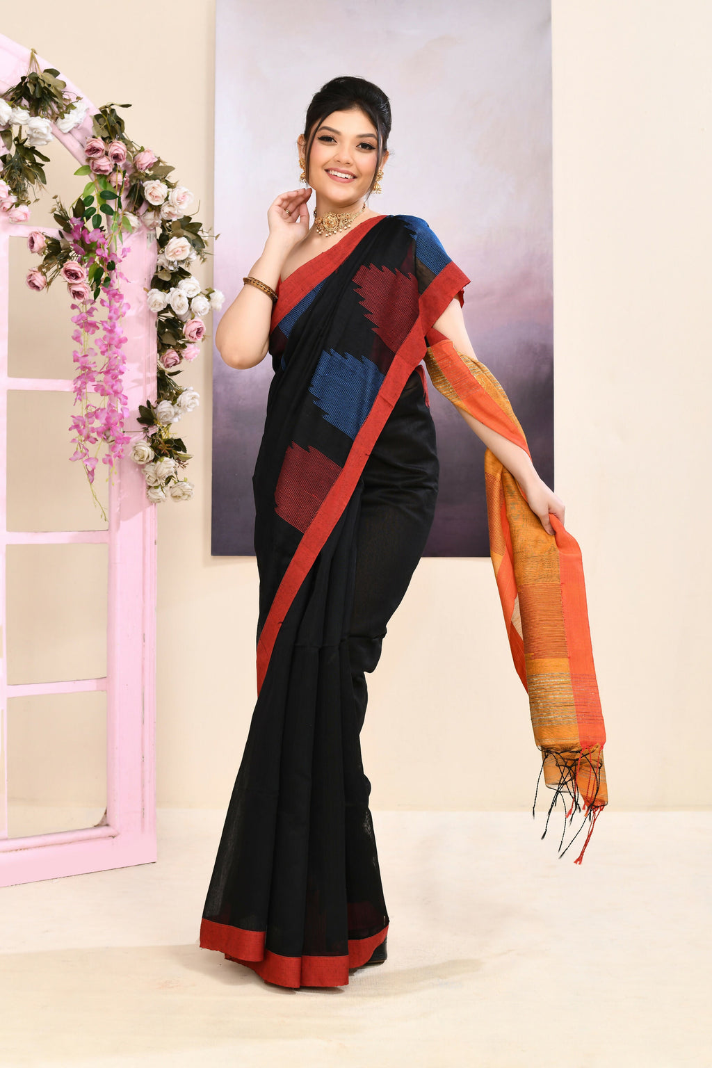 Black Jamdani Saree with Traditional Temple Border Embellishment