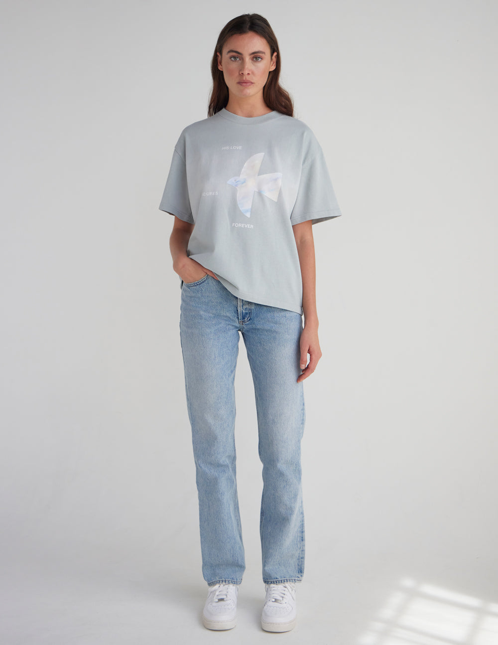 His Love Endures Forever grey and white heavyweight cotton streetwear t-shirt with boxy fit