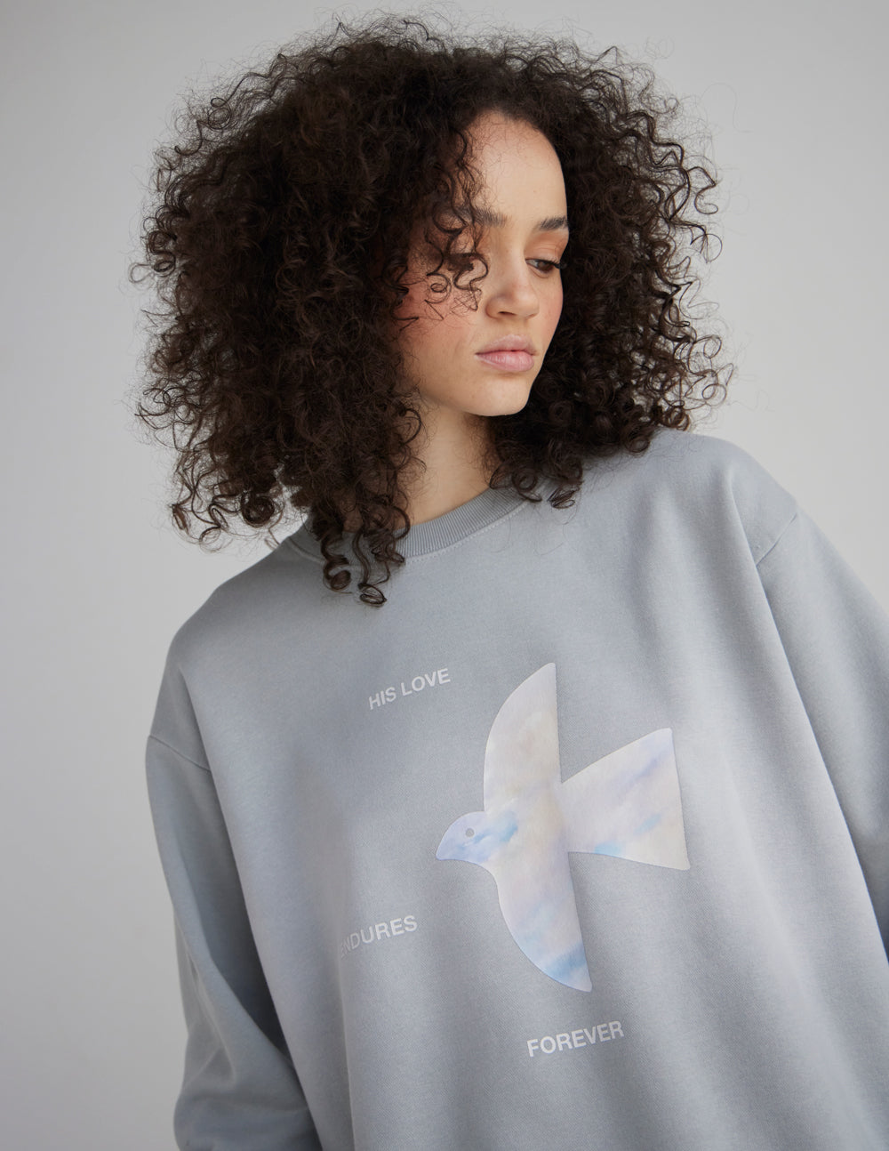 His Love Endures Forever grey and blue unisex knit crewneck sweatshirt