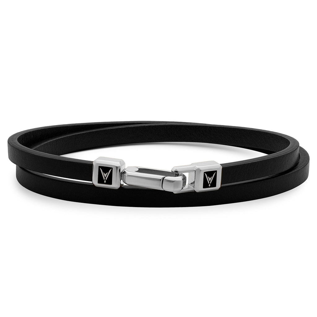 The Hitch double wrap black Italian leather bracelet with silver carabiner clasp