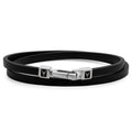 The Hitch double wrap black Italian leather bracelet with silver carabiner clasp
