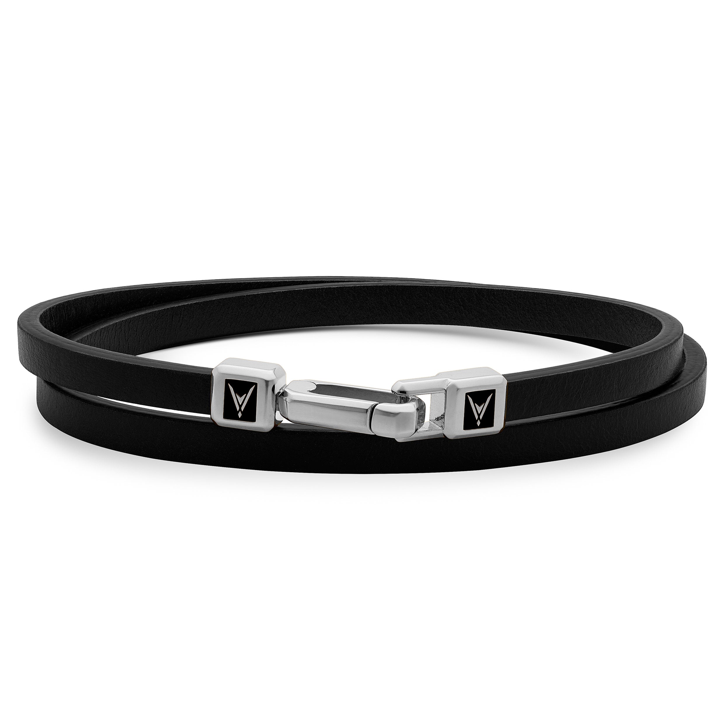 The Hitch double wrap black Italian leather bracelet with silver carabiner clasp